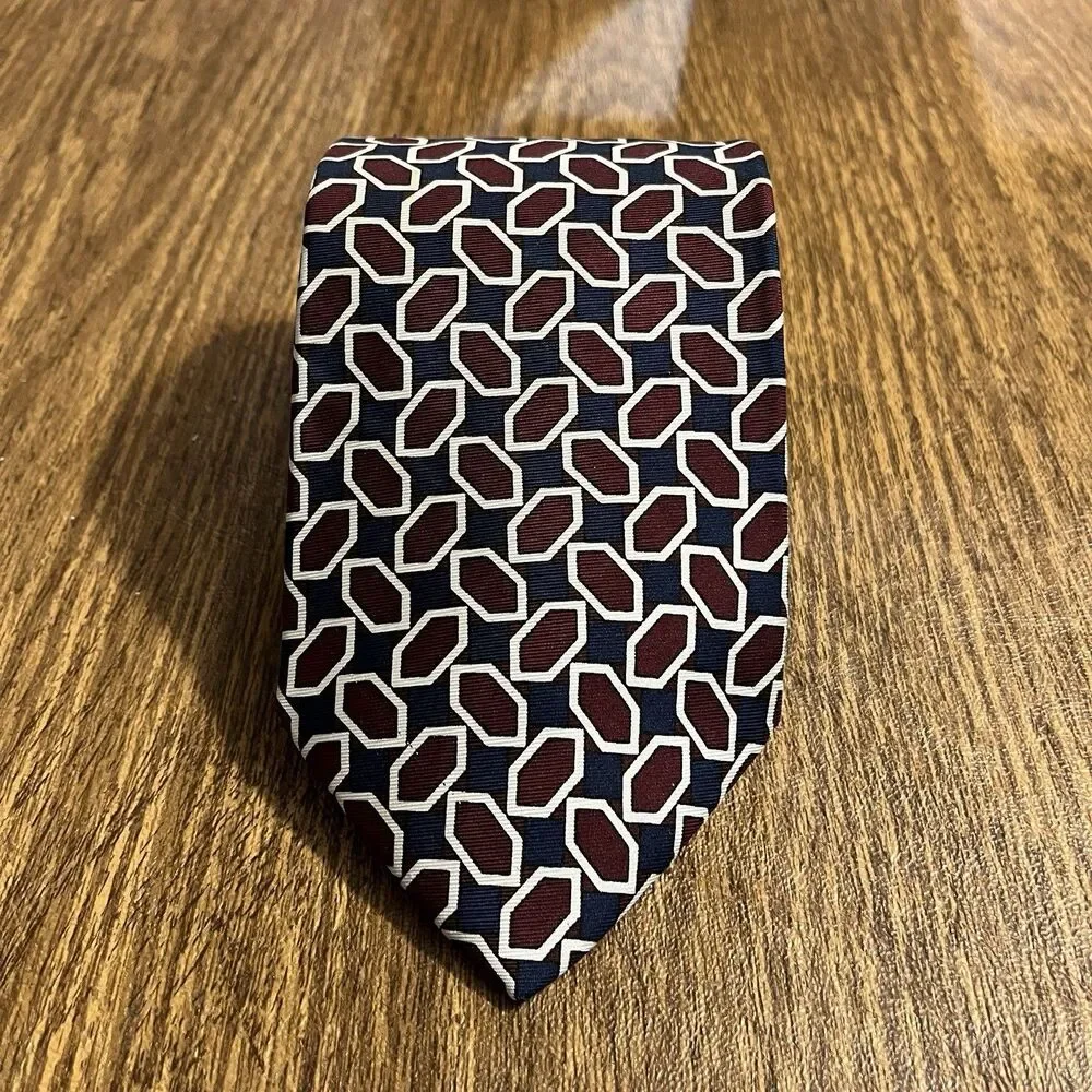 Brooks Brothers Makers Men's Silk Neck Tie‎ USA Designer Geometric Burgundy Blue